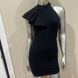 Elegant little black dress ruffle detail side shoulder mini fitted LBD size M